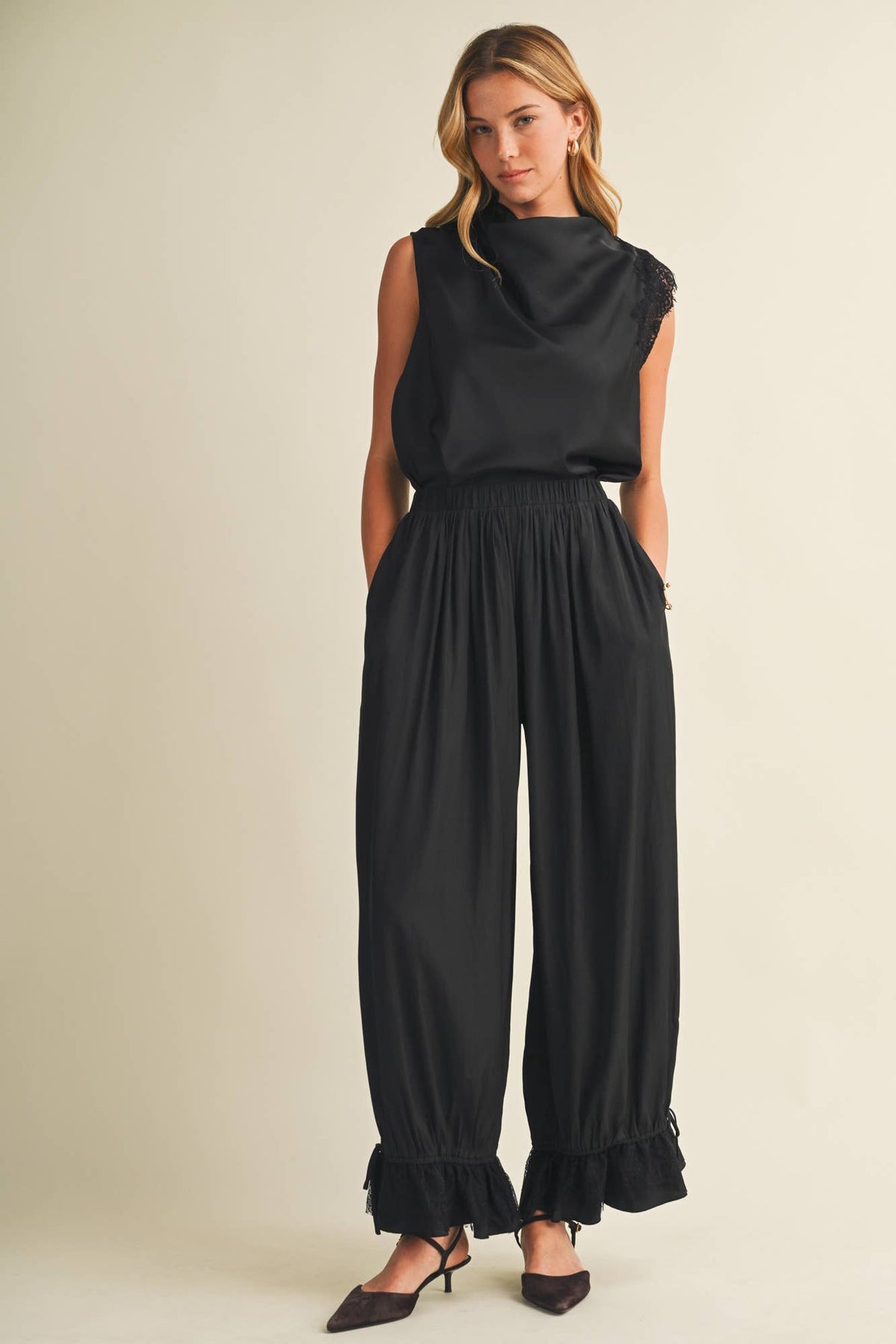 The Lace-Trim Cowl Blouse